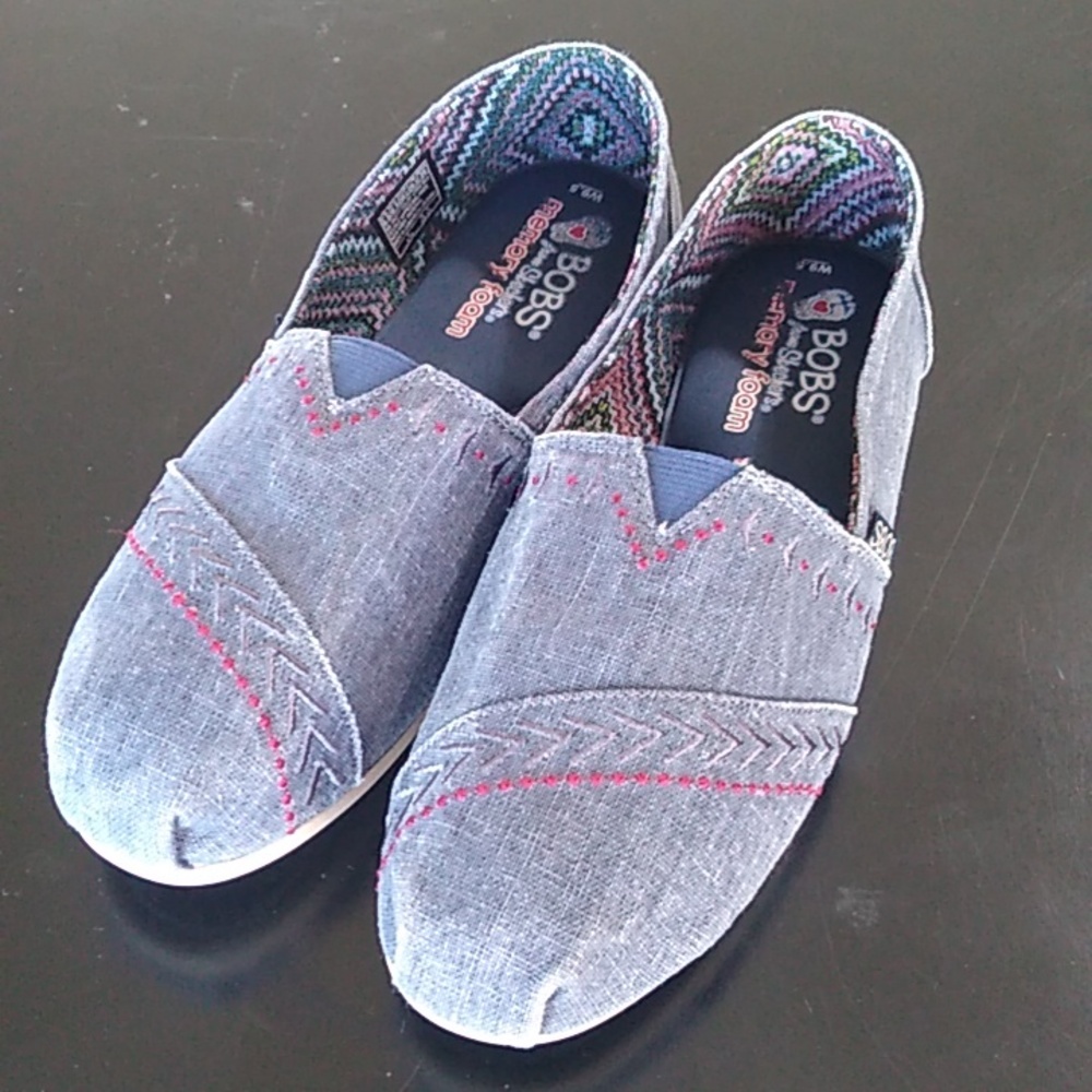 BOBS from Skechers Denim Blue Slip-On Flats with Pink Stitching